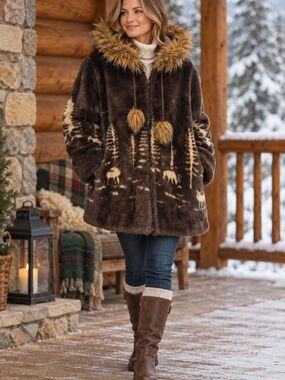 Vintage Deborah Murray faux fur coat hood/fur L brown forest deer cabin core
